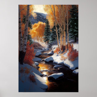 Golden Aspen Trees in the Snow by the River ポスター