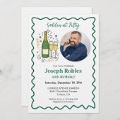 Golden at Fifty Party Photo 50th Birthday Green 招待状 (正面/裏面)