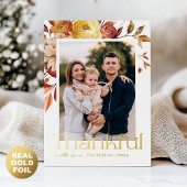 Golden Autumn Thankful Floral Family Photo 箔シーズンカード