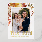 Golden Autumn Thankful Floral Family Photo 箔シーズンカード (正面)