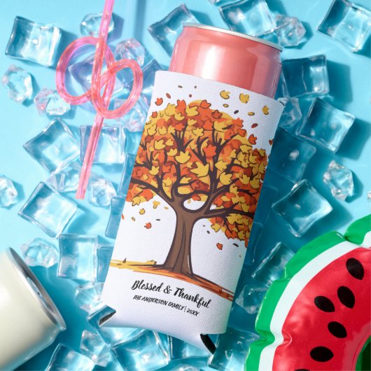 Golden Autumn Trees Happy Thanksgiving Greeting スリム缶クーラー (インサイチュ 夏)