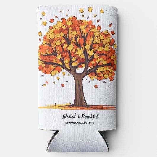 Golden Autumn Trees Happy Thanksgiving Greeting スリム缶クーラー (正面)