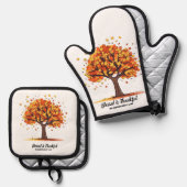 Golden Autumn Trees Happy Thanksgiving Greeting 鍋つかみ&鍋敷きセット (正面/裏面)