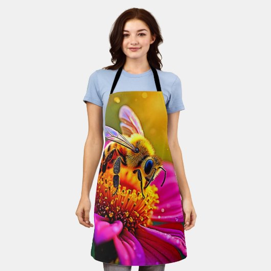 Golden Bee Flower Magic Light Design エプロン (着用した状態)