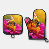 Golden Bee Flower Magic Light Design 鍋つかみ&鍋敷きセット (正面)