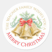 Golden bells watercolor red bow Merry Christmas ラウンドシール (正面)