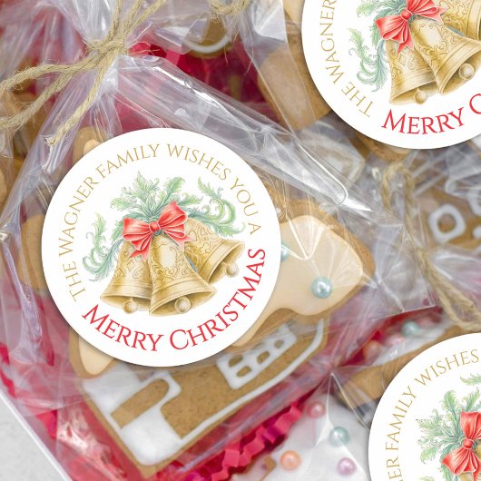 Golden bells watercolor red bow Merry Christmas ラウンドシール