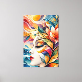 Golden Bird and Flower Woman Art キャンバスプリント