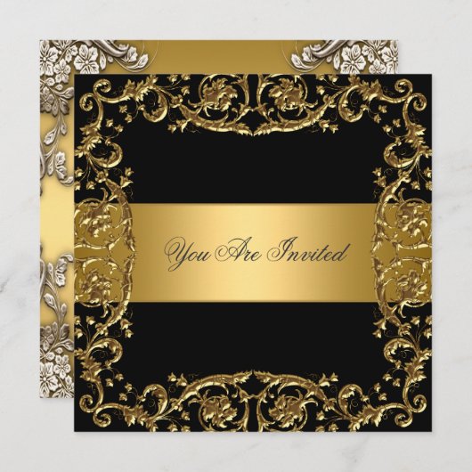 Golden Black Party Invitation with Floral Pattern 招待状 (正面/裏面)
