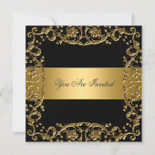 Golden Black Party Invitation with Floral Pattern 招待状 (正面)