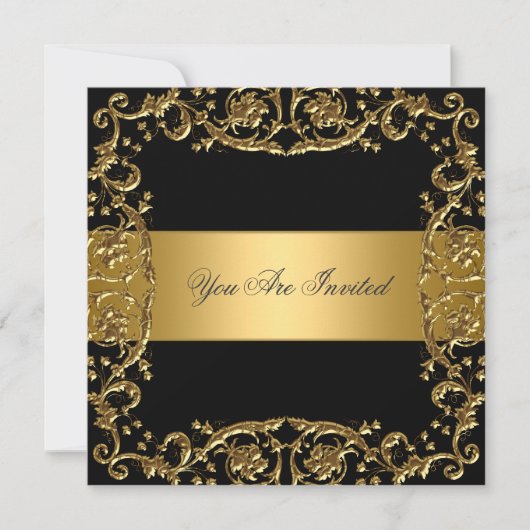 Golden Black Party Invitation with Floral Pattern 招待状 (正面)