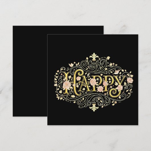 Golden Bliss: Elegant Floral Happy 招待状 (正面/裏面)