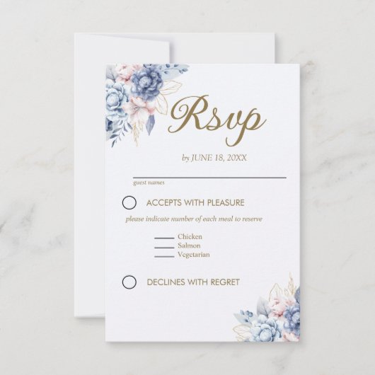 Golden Bloom: Blue & White Floral Wedding 出欠カード (正面)
