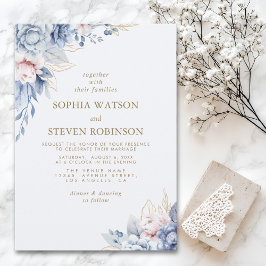 Golden Bloom: Blue & White Floral Wedding 招待状