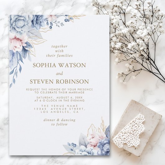 Golden Bloom: Blue & White Floral Wedding 招待状