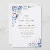 Golden Bloom: Blue & White Floral Wedding 招待状 (正面)