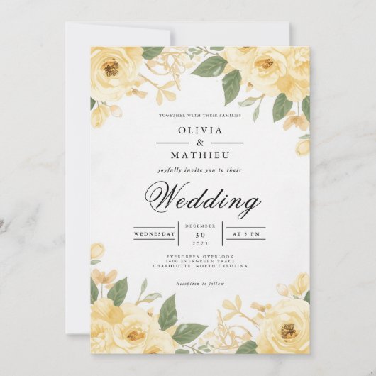 Golden Bloom Botanical Arch Wedding 招待状 (正面)