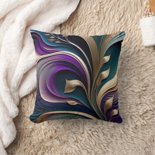 Golden Bloom - Deep Purple and Teal Abstract Flora クッション (ブランケット)