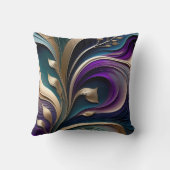 Golden Bloom - Deep Purple and Teal Abstract Flora クッション (裏面)