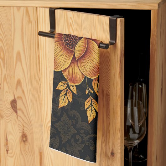 Golden Bloom Floral キッチンタオル (三つ折り)
