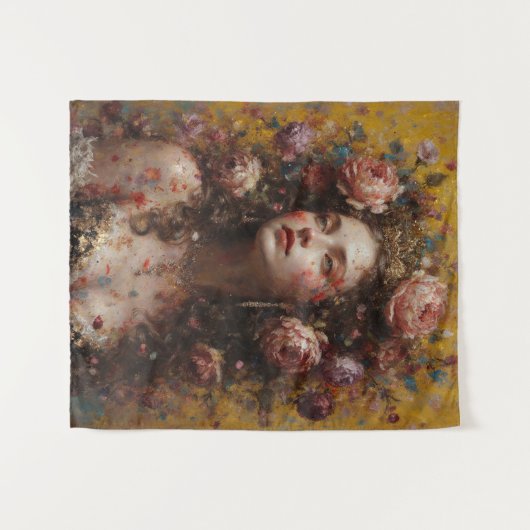 Golden Bloom Muse – Vertical Wall Tapestry タペストリー (正面(横))