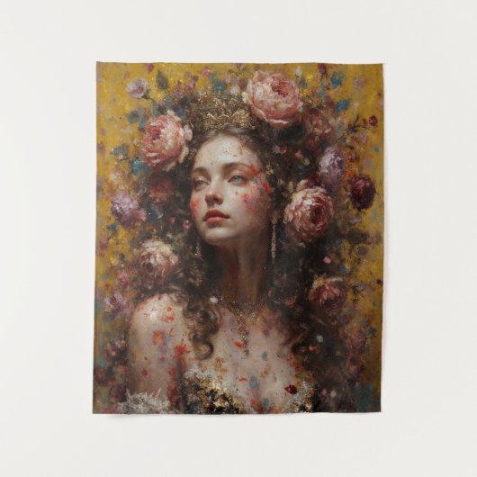 Golden Bloom Muse – Vertical Wall Tapestry タペストリー (正面)