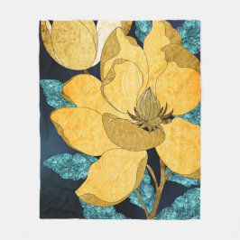 Golden Bloom with Teal Leaves Abstract Floral フリースブランケット