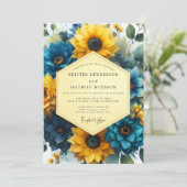 Golden Blue Floral Romance Wedding 招待状 (スタンド正面)