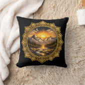 Golden Boho Mandala Mountain Sunset Art | Black クッション (ブランケット)