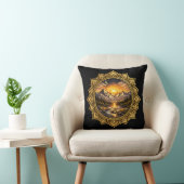 Golden Boho Mandala Mountain Sunset Art | Black クッション (椅子)