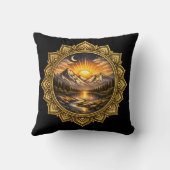 Golden Boho Mandala Mountain Sunset Art | Black クッション (裏面)