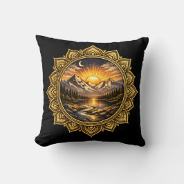 Golden Boho Mandala Mountain Sunset Art | Black クッション