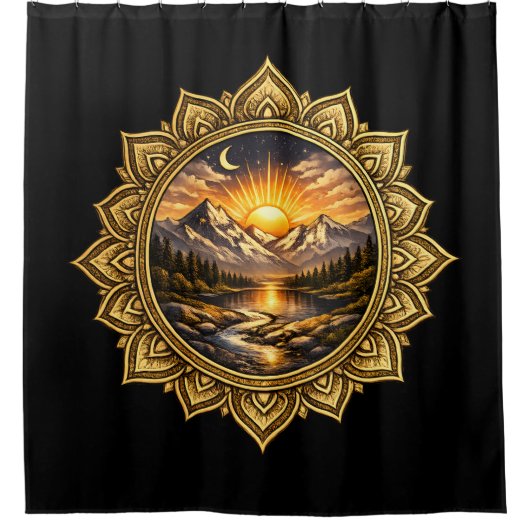 Golden Boho Mandala Mountain Sunset Art | Black シャワーカーテン (正面)