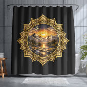 Golden Boho Mandala Mountain Sunset Art | Black シャワーカーテン