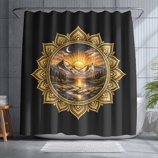 Golden Boho Mandala Mountain Sunset Art | Black シャワーカーテン