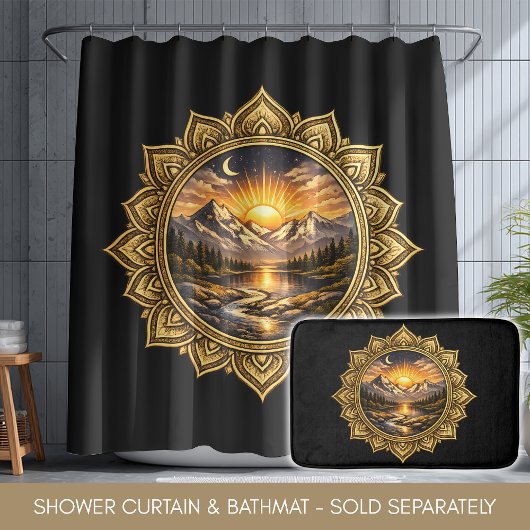 Golden Boho Mandala Mountain Sunset Art | Black シャワーカーテン