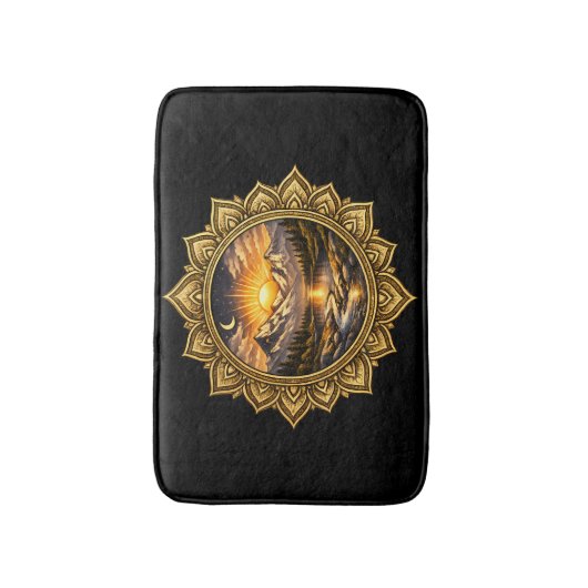 Golden Boho Mandala Mountain Sunset Art | Black バスマット (正面縦)