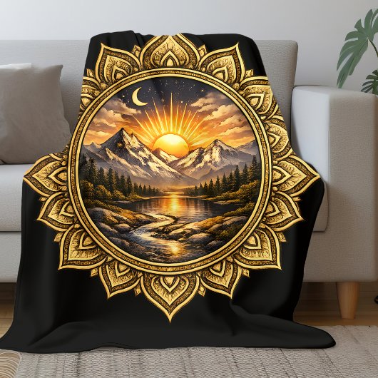 Golden Boho Mandala Mountain Sunset Art | Black フリースブランケット