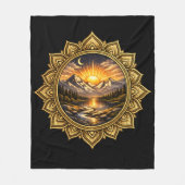 Golden Boho Mandala Mountain Sunset Art | Black フリースブランケット (正面)