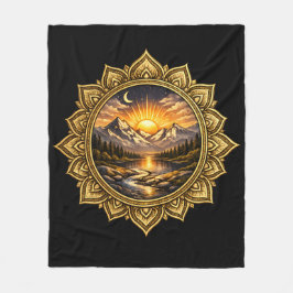 Golden Boho Mandala Mountain Sunset Art | Black フリースブランケット