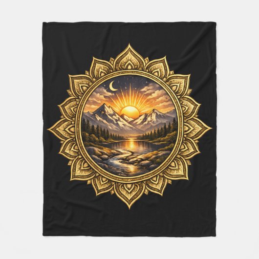 Golden Boho Mandala Mountain Sunset Art | Black フリースブランケット (正面)
