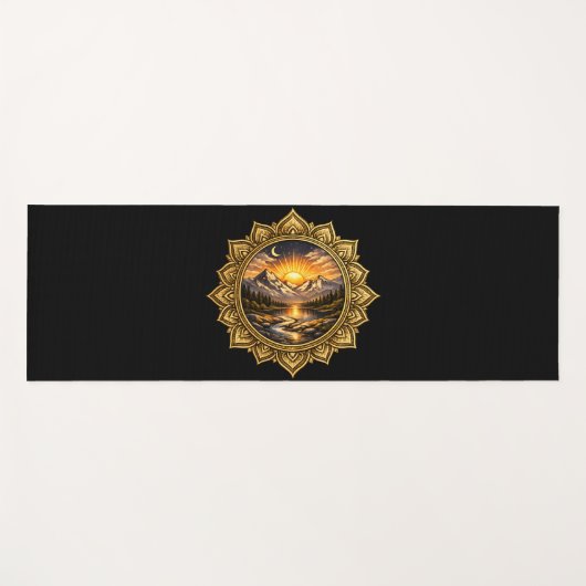 Golden Boho Mandala Mountain Sunset Art | Black ヨガマット (正面(横))