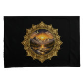 Golden Boho Mandala Mountain Sunset Art | Black 枕カバー (正面右)