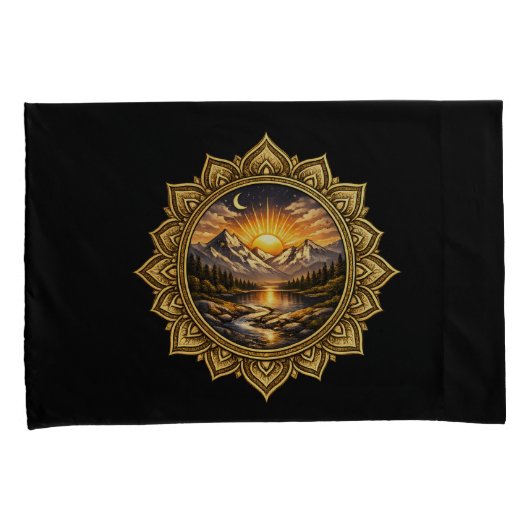 Golden Boho Mandala Mountain Sunset Art | Black 枕カバー (正面右)
