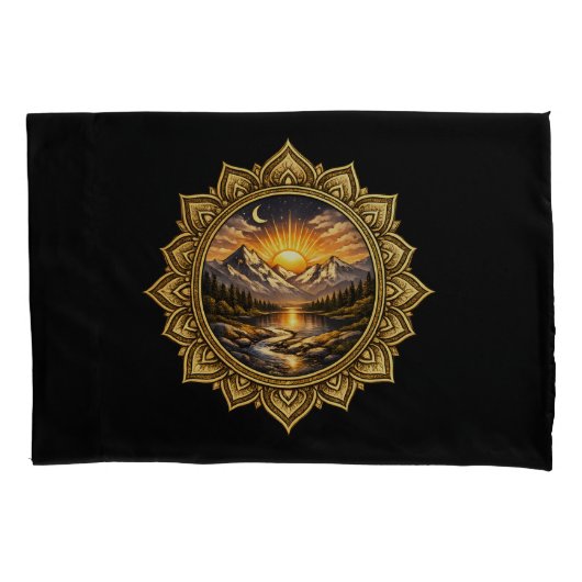Golden Boho Mandala Mountain Sunset Art | Black 枕カバー (正面)