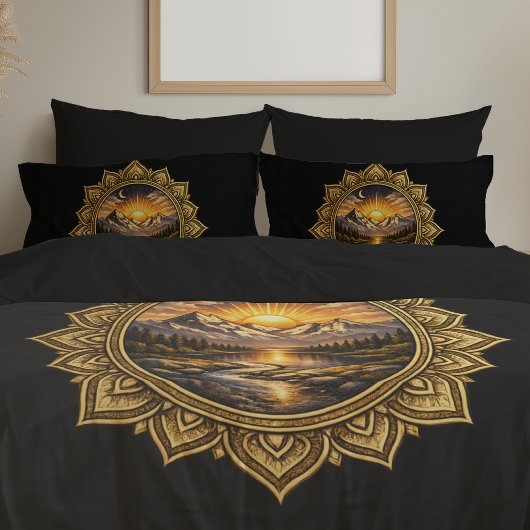 Golden Boho Mandala Mountain Sunset Art | Black 枕カバー