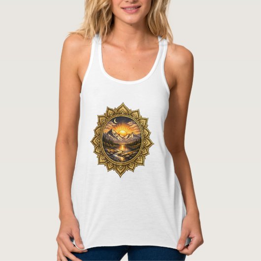 Golden Boho Mandala Mountain Sunset | Boho Sun Art タンクトップ (正面)
