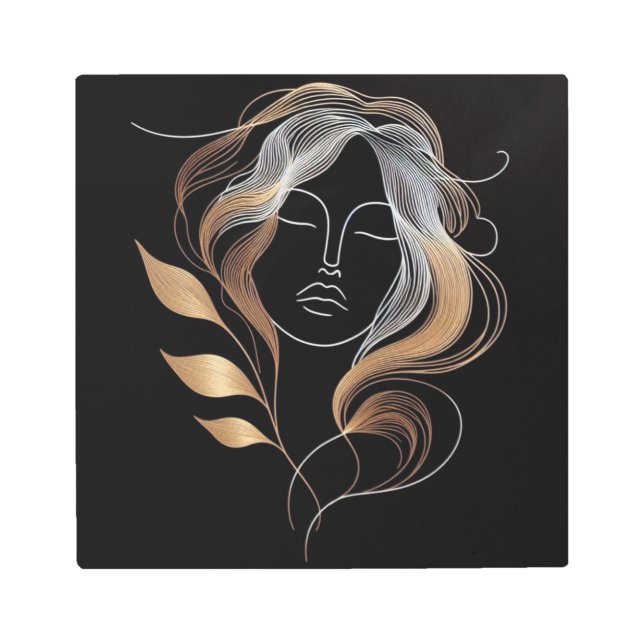 Golden Botanical Hair with Feminine Silhouette メタルプリント (正面)