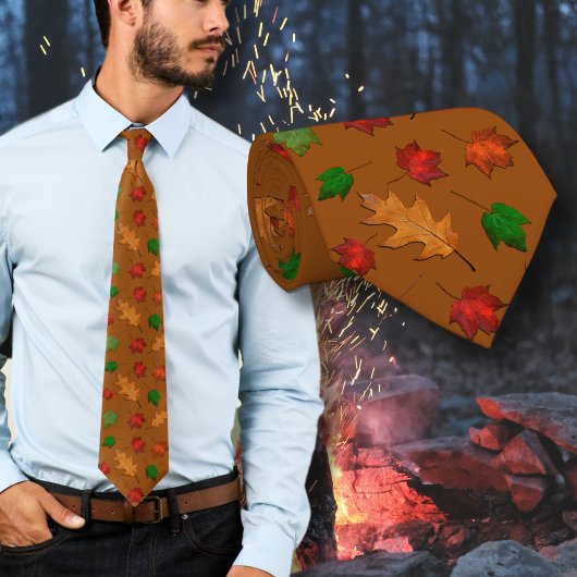 Golden Brown Fall Leaves Pattern Tie ネクタイ