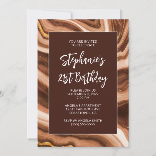 Golden Brown Faux Agate Bold 21st Birthday 招待状 (正面)